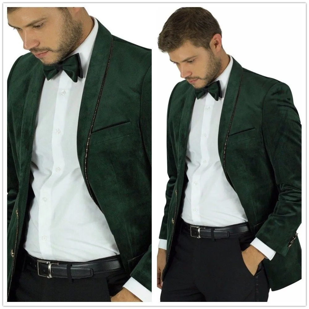 

Hunter Green Velvet Gold Trim Men's Jacket Coat 2 Button Classic-Fit Blazer New