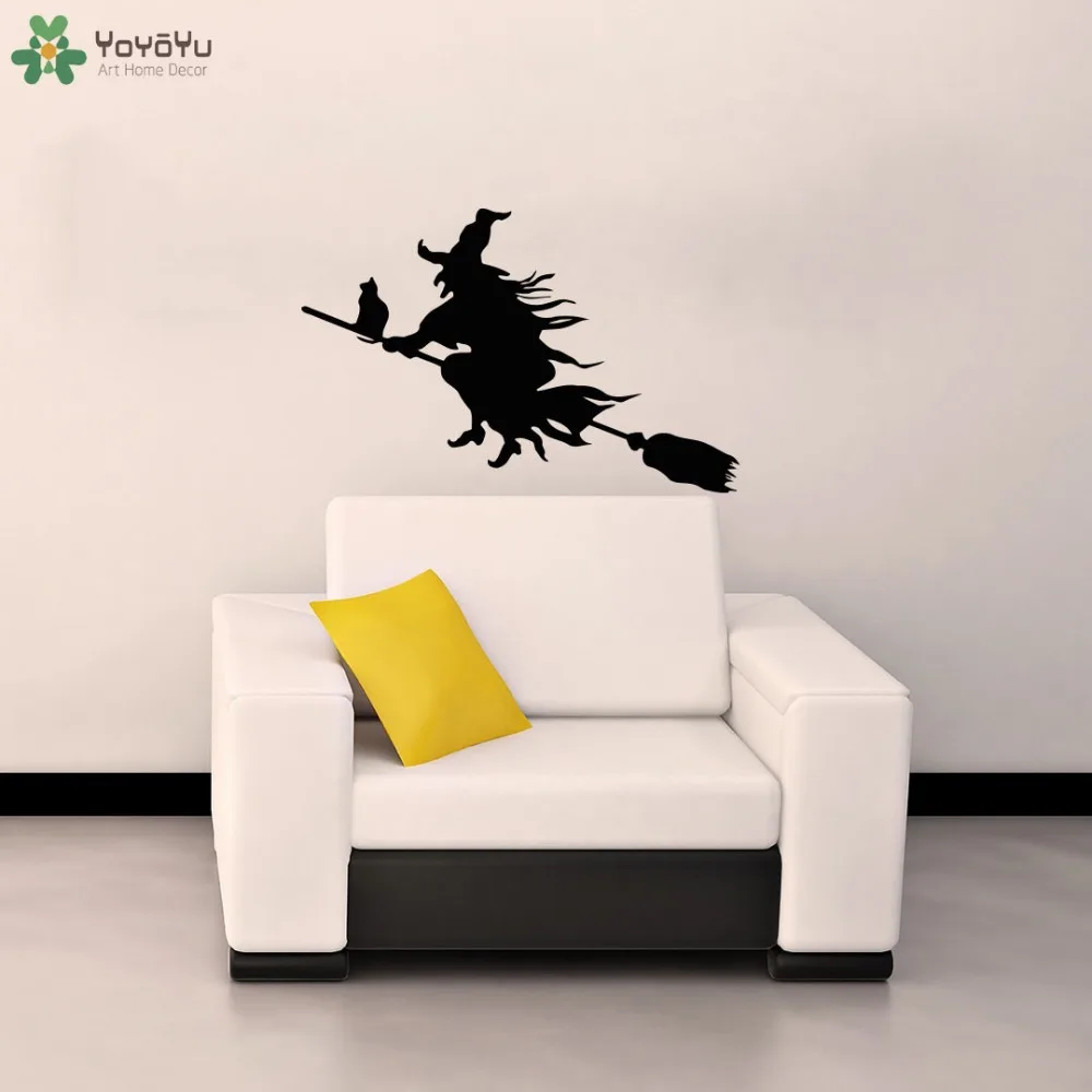 

Modern Halloween Wall Decal Vinyl Old Woman Pattern Broomstick Wall Sticker Cat Creative Design Home Decor Art Mural PosterSY191