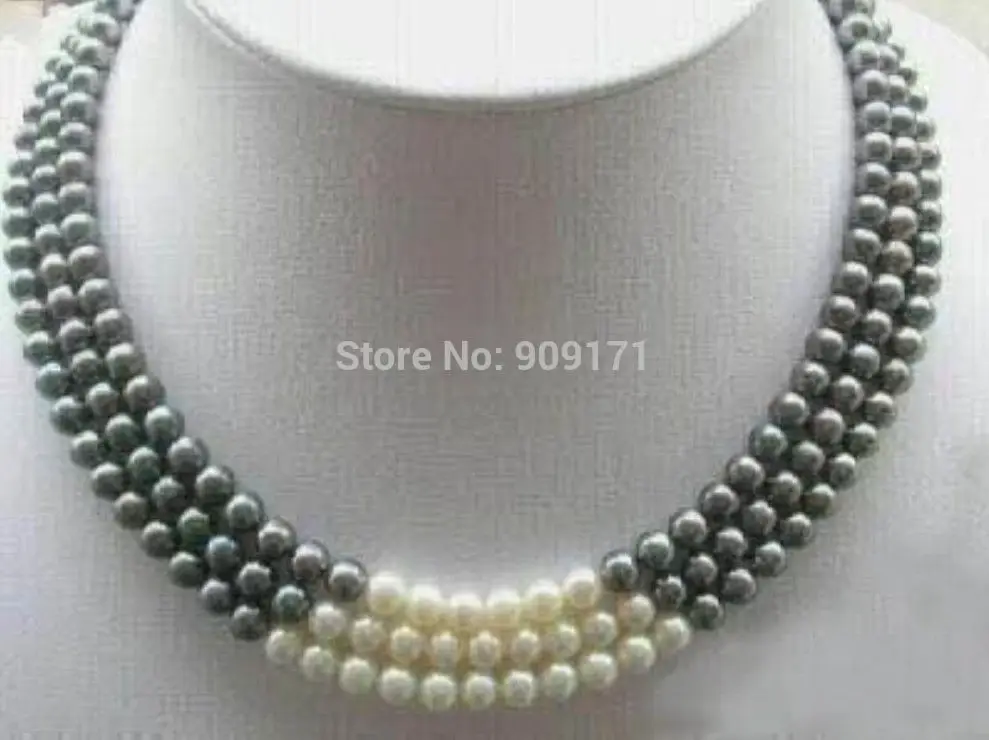 

FREE SHIPPING 3Rows 7-8MM Black White Natural Pearl Necklace 17-19"