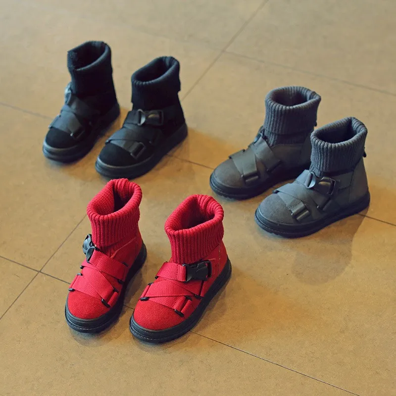 2016 Осень Зима Дети Пряжки Мартин Сапоги Вязаный Носок Натуральная Кожа Мальчики