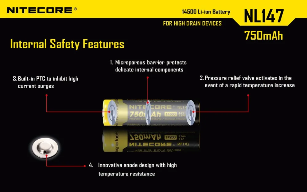 Topsale NITECORE NL147 14500 Li-on Аккумулятор 750mAh 3,7 V 2.8Wh защищенный перезаряжаемый Max 2A 500 циклов заряда-разряда