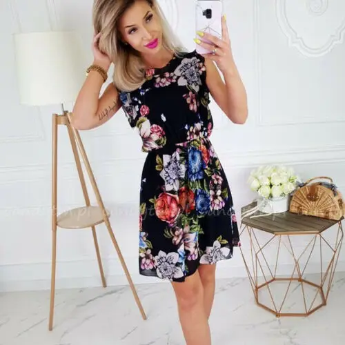 

2019 Women Boho Floral Casual Short Print O-neck Summer Beach Sundress New