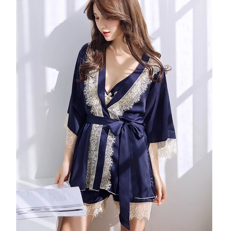 

Luxury Silk-like Lace Sexy Sleepwear Sets Women 3Pcs Pajamas plus size satin nightwears spring summer bathrobes+tank top+shorts