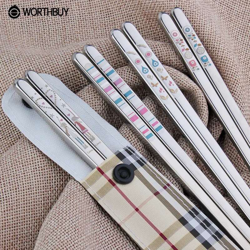 WORTHBUY 1 Pair Korean Stainless Steel Chopsticks Laser Engraving Patterns Food Sticks Portable Reusable Chopstick Sushi Hashi | Дом и сад