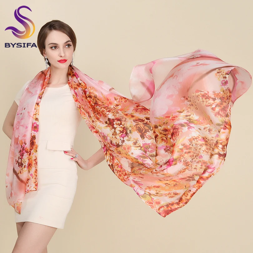 

[BYSIFA] Winter Women Long Scarves 2016 New Floral Pattern Pink Pure Silk Scarf 200*110cm 100% Silk Summer Beach Scarves Shawl