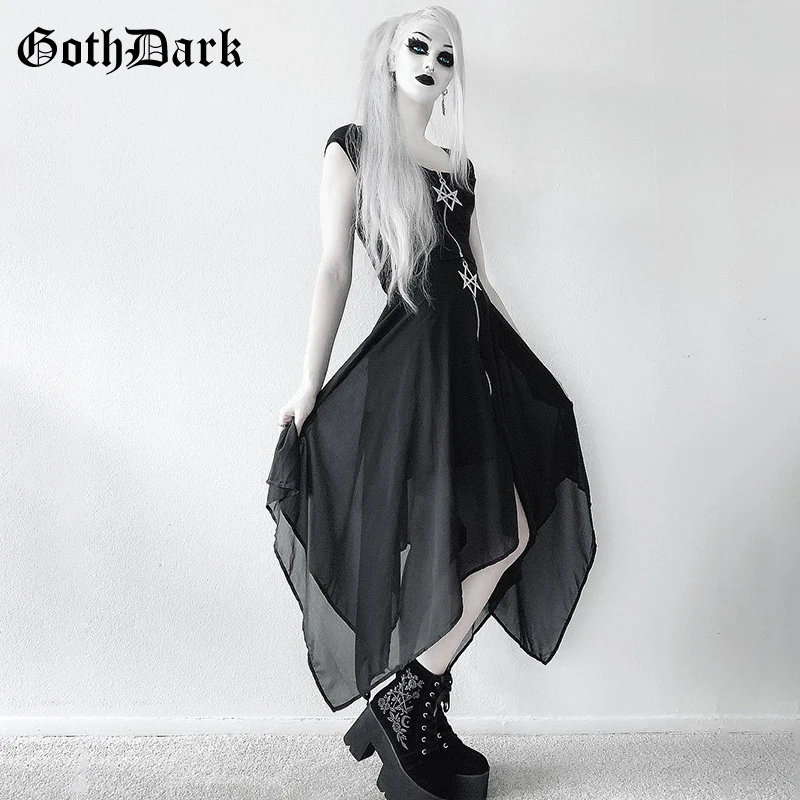 Женская длинная сетчатая юбка Goth Dark, черная готическая юбка на молнии, асимметричная прозрачная юбка с пентаграммой