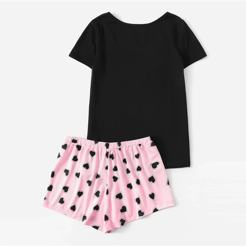Dotfashion футболка со слоганом и принтом сердца, шорты на завязках на талии, пижамный комплект, летние пижамы для женщин, повседневная одежда для сна с коротким рукавом