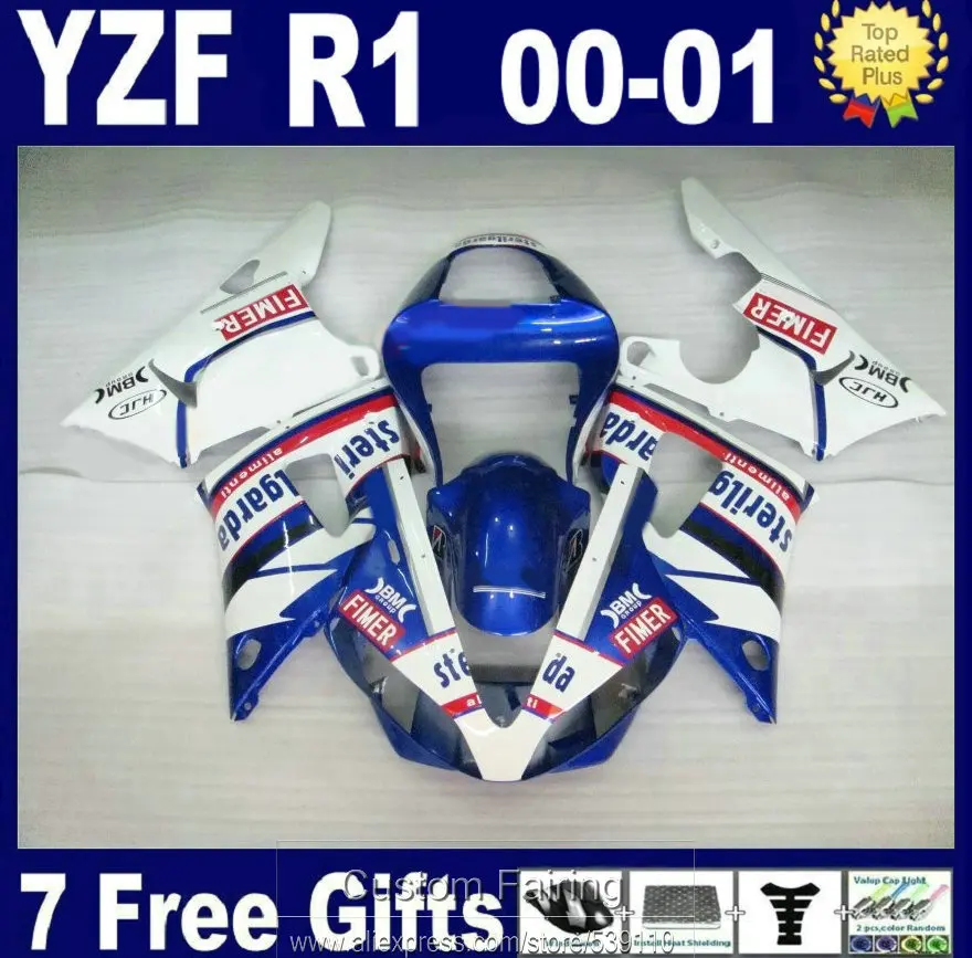 Бесплатная доставка 7 подарков комплект обтекателей для Yamaha R1 00 01 белый и синий