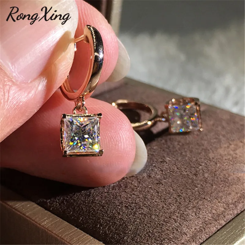 RongXing, квадратные белые серьги-кольца с цирконом для женщин, 925 серебро/розовое золото, заполненные кристаллами, серьги с камнем, женские свадебные ювелирные изделия - Окраска металла: Rose Gold