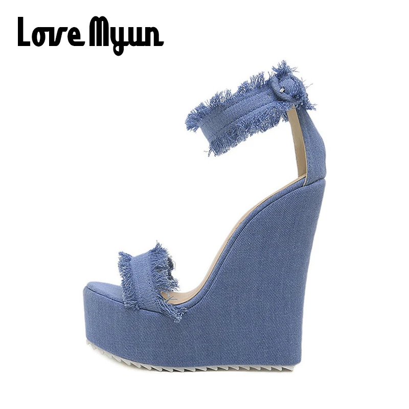 2018 Wedges sandals for women High Heels Platform shoes open toe high heels Sexy Blue Denim SD-26 | Обувь