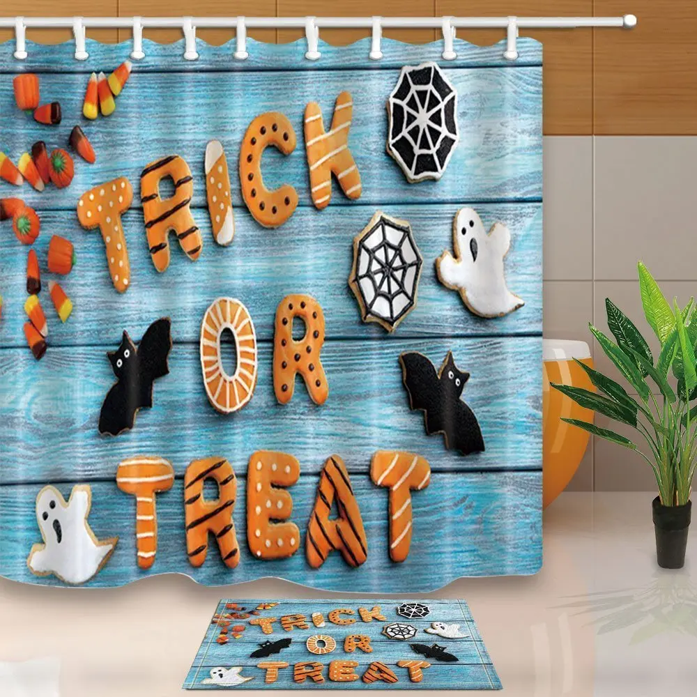 Halloween Bath Decor Trick Or Treat and Ghost Bats on Turquoise Wooden Waterproof Polyester Fabric Shower Curtain Set Doormat | Дом и сад