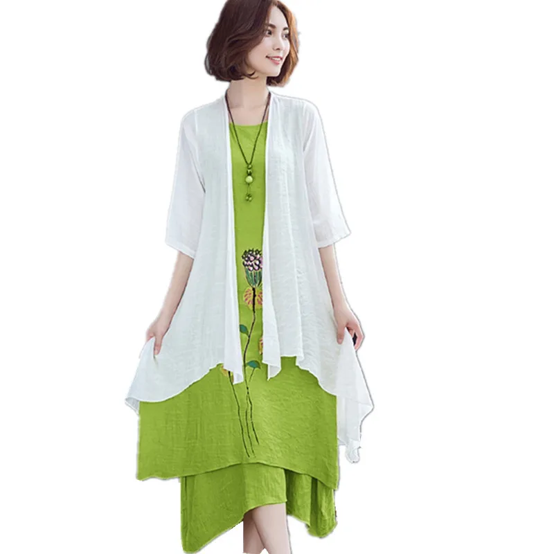 Retro 2019 Women Dress Soft Linen Cotton kimono Vintage Print Floral Two Piece Set Plus Size Long Summer Vestidos | Женская одежда