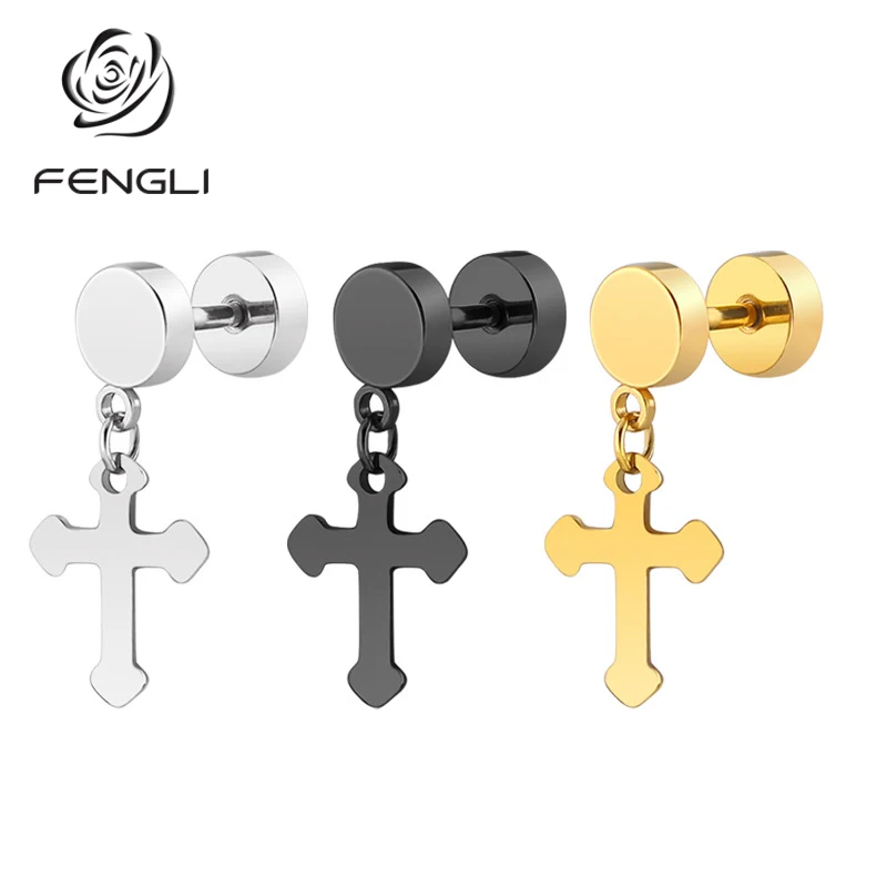 Женские серьги гвоздики с крестом FENGLI золотистые и Серебристые из нержавеющей