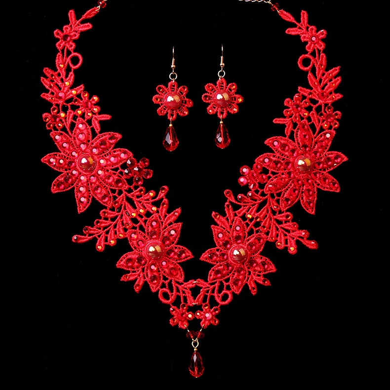 Стразы и искусственный жемчуг красная кружевная серьга ожерелье Ювелирные