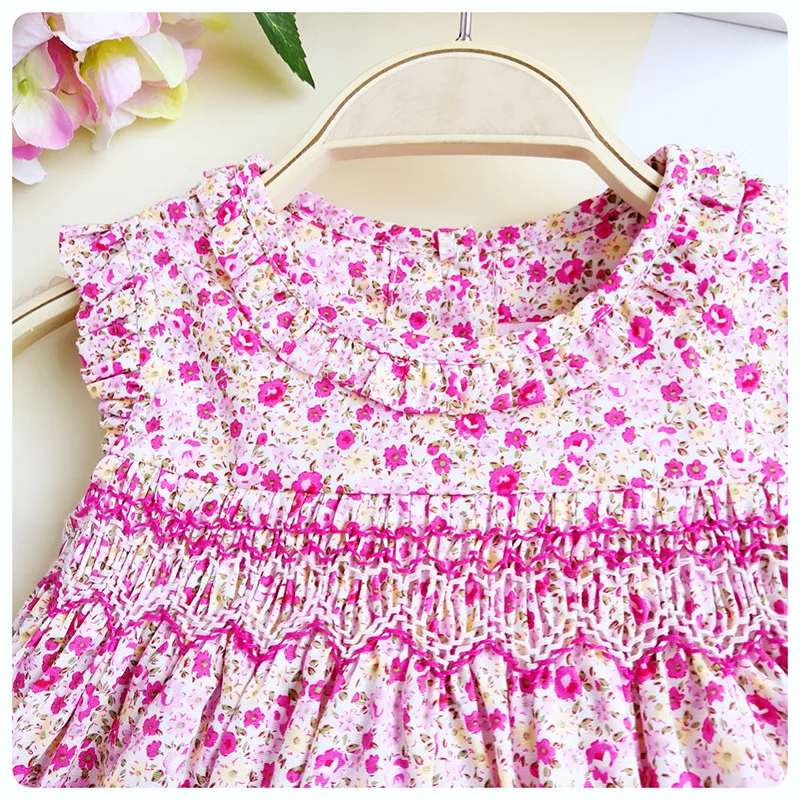 New Summer Kids Floral Printed Sleeveless England Handmade Smock Belt Bowknot Lace Little Girls 9M-36M Princess Vest Dresses | Детская