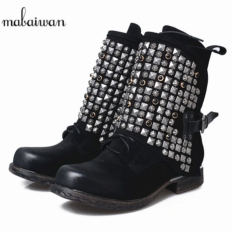 

Mabaiwan New Casual Women Winter Autumn Ankle Boots Black Genuine Leather Rivets Buckle Shoes Woman Suede Riding Round Toe Boots