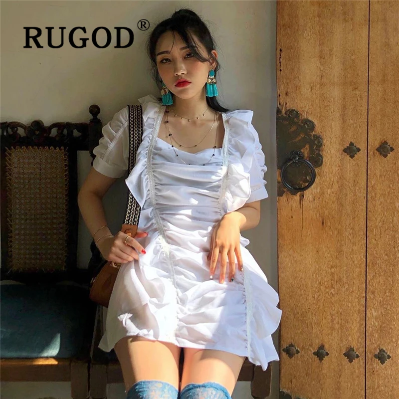 RUGOD корейское мини платье с оборками женское элегантное однотонные милые