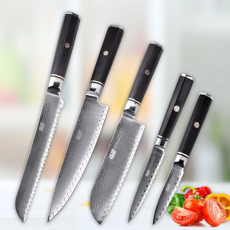 5pcs-7inch FINDKING профессиональный набор из 6 предметов с восьмиугольной ручкой и рисунком лестницы, 67 слоев дамасской стали, черного дерева, набор кухонных ножей для шеф-повара - Цвет: 5pcs-7inch
