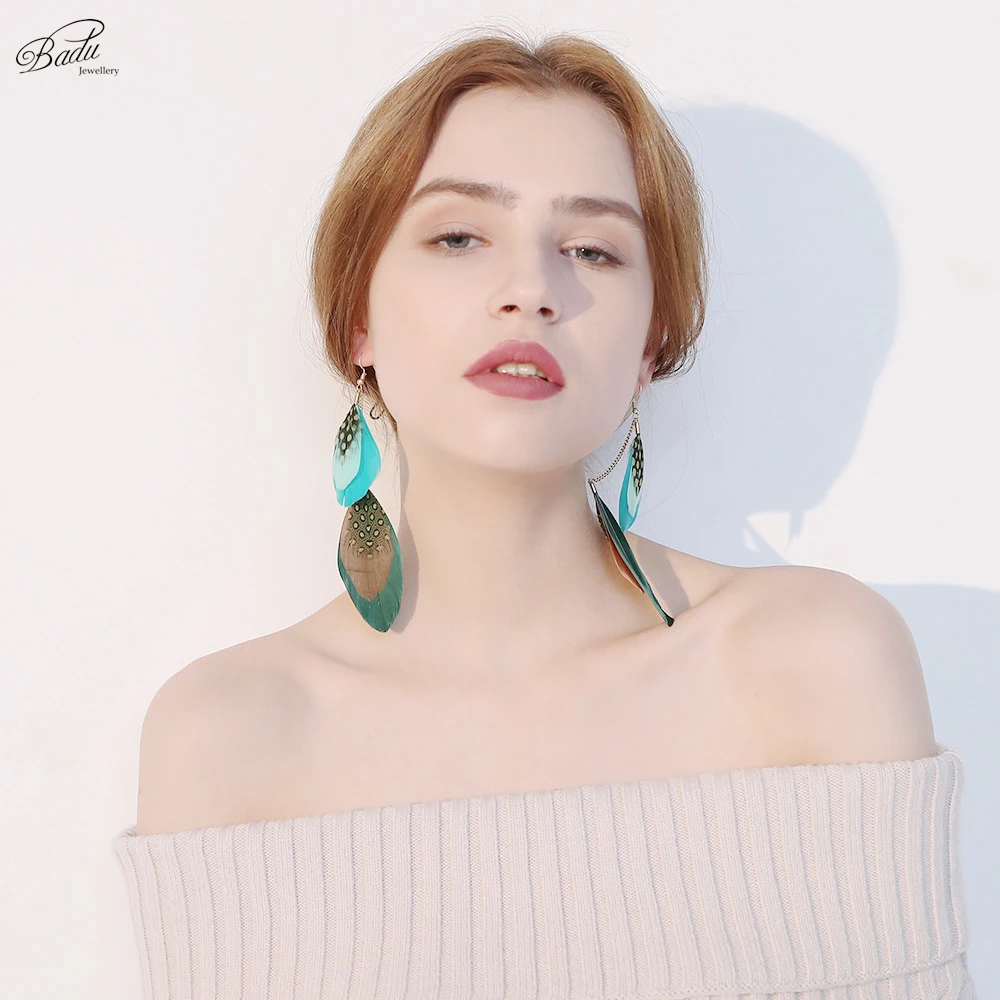 

Badu Bohemian Long Dangle Earring Women Vintage Feather Double Layer Earrings Drop shipping Jewelry Holiday Fashion Christmas