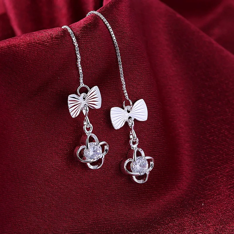 Shiny Cubic Zircon Clover Flower Long Chain White Gold Color Dangle Drop Earrings for Women Engagement Jewelry | Украшения и