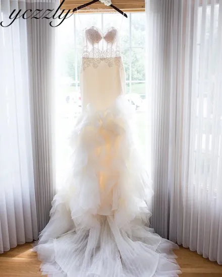 Реальные невесты Сексуальная возлюбленная длинная Кружева Аппликации Свадебные