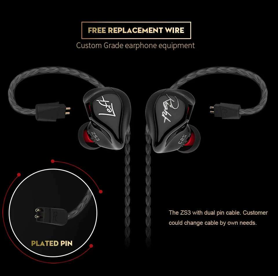 KZ ZS3 эргономичный съемный кабель наушники в ухо аудио мониторы шумоизоляция HiFi музыка спортивные наушники с микрофоном es