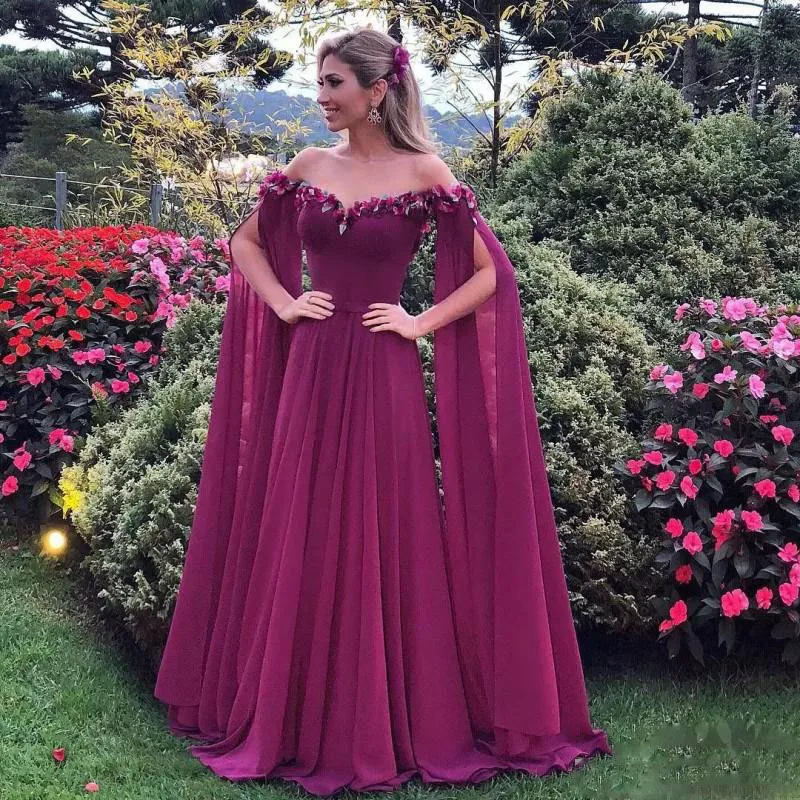 

2018 Formal Dresses Evening Wear Long Sleeves Off The Shoulder Appliques Chiffon Prom Gown Long Pleats Cheap African Party Dress