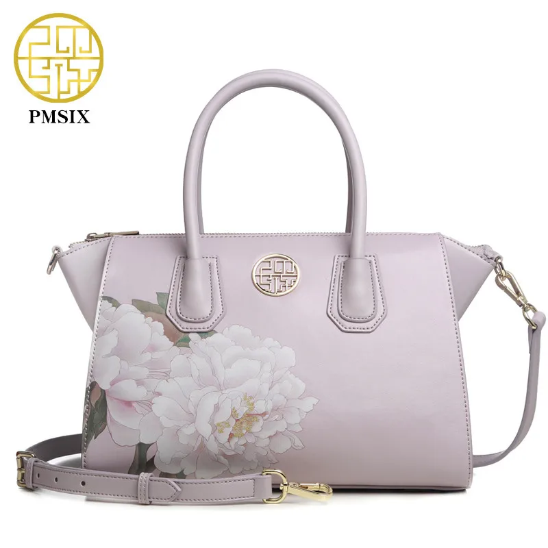 

Pmsix 2020 Flowers Printing Cow Leather Women Handbags Designer Ladies Shoulder Bag High Quality Crossbody Bag Pink Bat Package