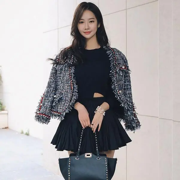 Подиумная твидовая куртка пальто 2018 Осень зима Женская отделка бахромой длинные