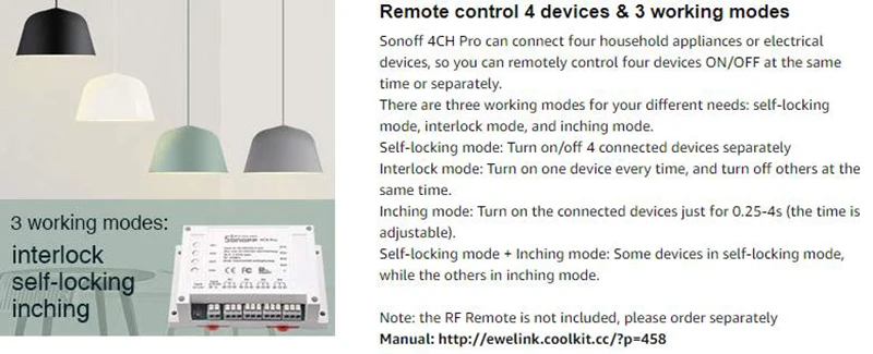 Sonoff 4CH Pro R2 умный Wifi переключатель 433 МГц RF Wifi светильник 4 комплекта 3 режима работы инчинг интерлок умный дом с Alexa