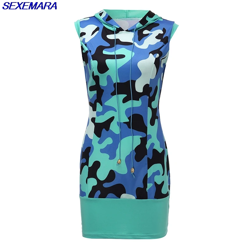 SexeMara Summer Dress Women Plus Size Mini Casual Hooded Patchwork Stripe Camouflage Bodycon Dresses Vestidos | Женская одежда