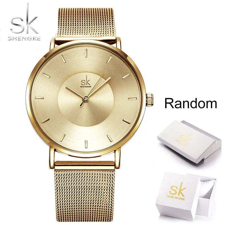gold with box Shengke часы для женщин Роскошные Кварцевые часы для женщин Мода Reloje Mujer Дамы 18 мм Золотой сетчатый ремешок Часы Relogio Feminino - Цвет: gold with box