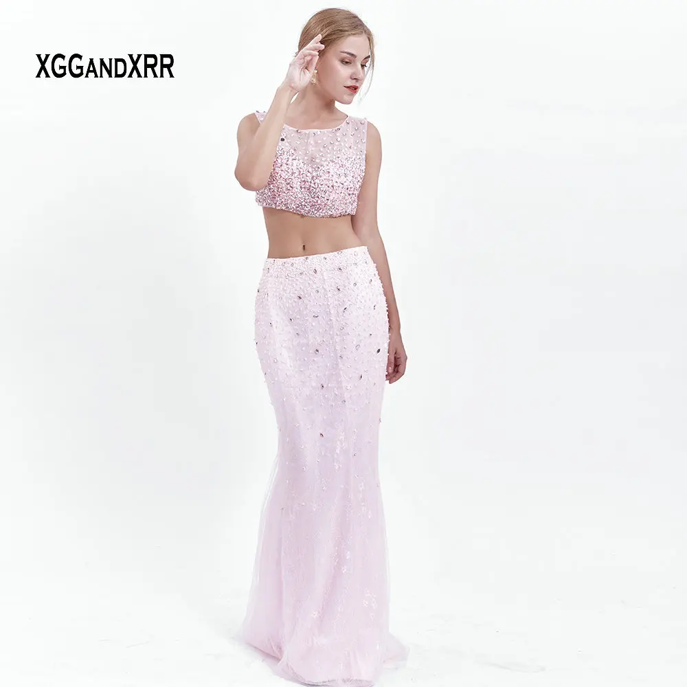 Элегантное розовое платье из двух частей длинное для выпускного вечера 2019