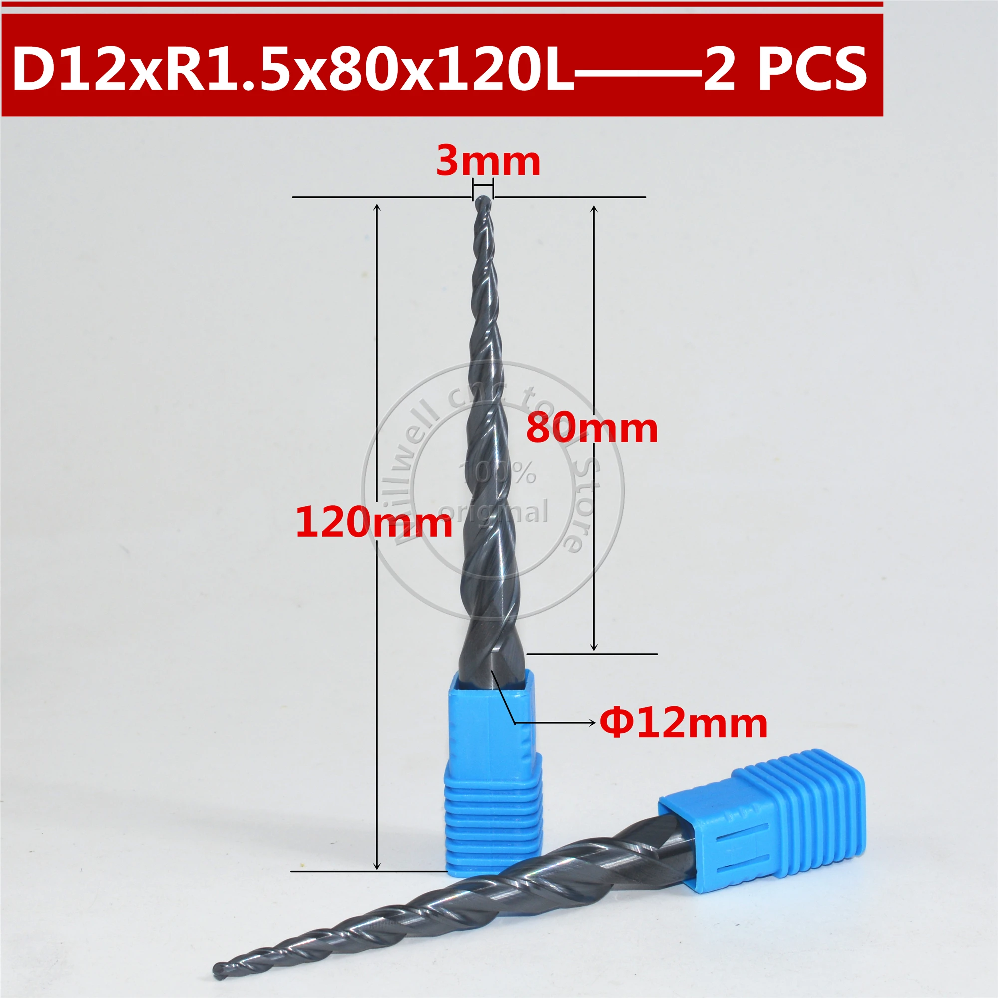 Бесплатная идентификация R1.5 * D12 80C 120L 2F HRC55 вольфрамовое твердое Карбидное