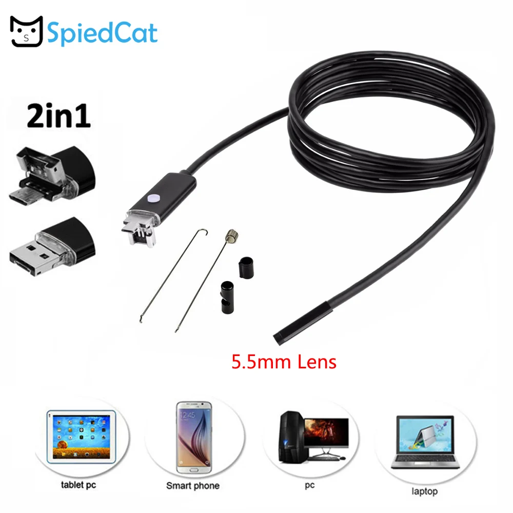 2 in1 5 мм объектив HD Micro/USB Водонепроницаемый эндоскоп бороскоп Гибкая смотровая