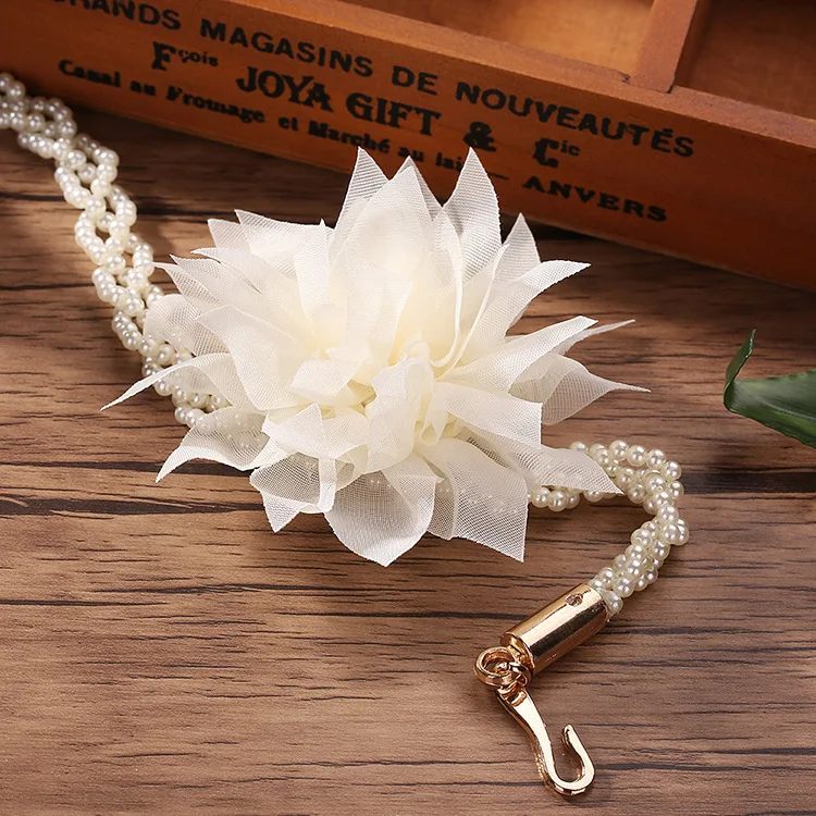 HoolttPrinc Elegant women pearl belts metal chain big flower belts black white pearl chain women fashion clothing accessories