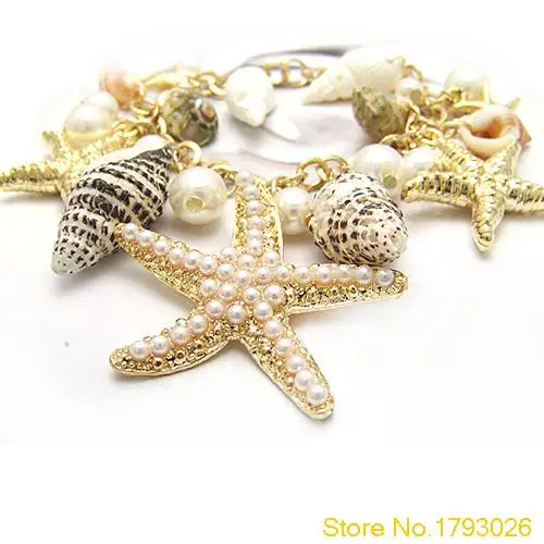 Ocean Style Multi Starfish Sea Star Conch Pearl Chain Beach Shell Bracelet Novelty Bangle 4TMR | Украшения и аксессуары