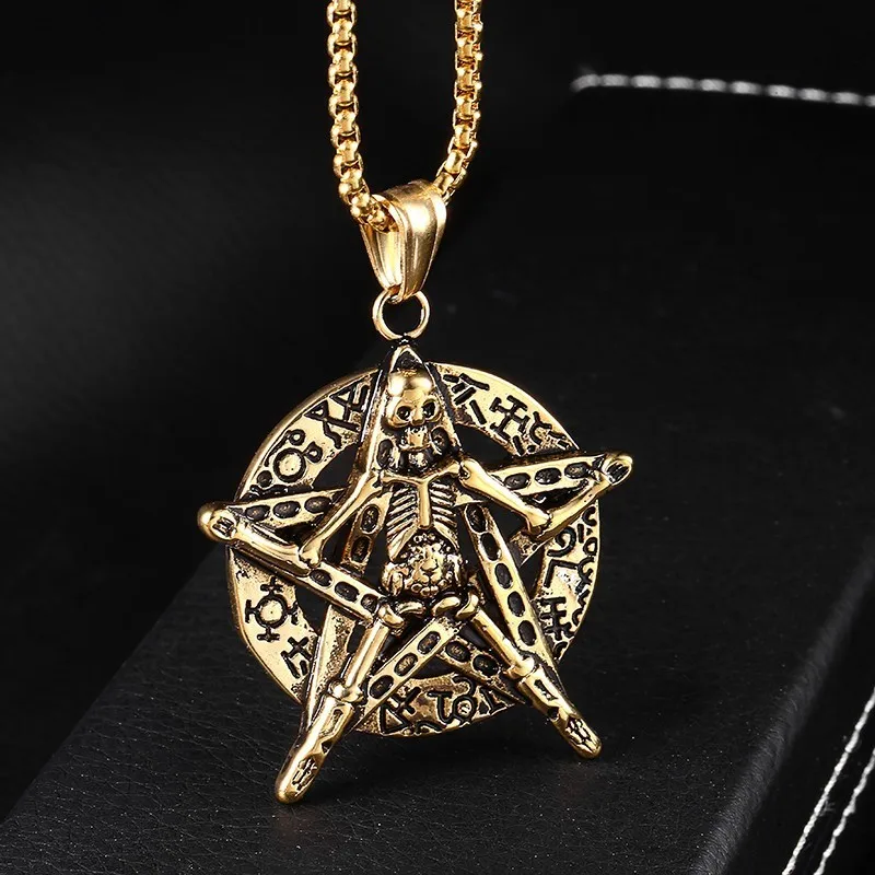 RIR Gothic Silver Gold Skull Five-pointed Star Satanic Pendant Necklace Punk Rock Style Round Pendant For Men Fashion Jewelry