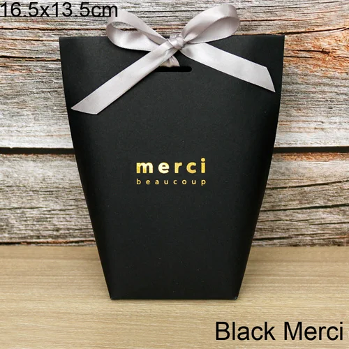 13.5x16.5cm Merci 5 шт. высококлассные черно-белые бронзовые "Merci" Сумки для конфет французские спасибо Свадебные сувениры Подарочная коробка посылка на день рождения - Цвет: 13.5x16.5cm Merci