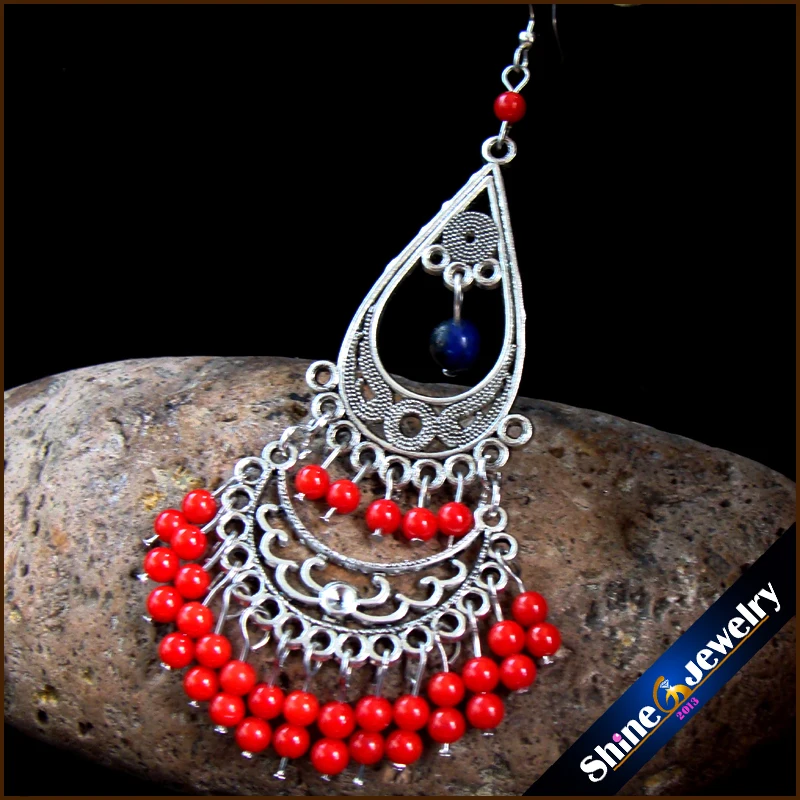 Винтажные тибетские стильные модные украшения серьги для женщин с коралловым