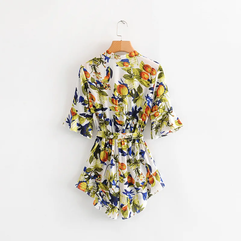 HK561 New Design Fruit Peach Print Deep V neck Slim Waist Playsuit Women Short Sleeve Summer Playsuits | Женская одежда