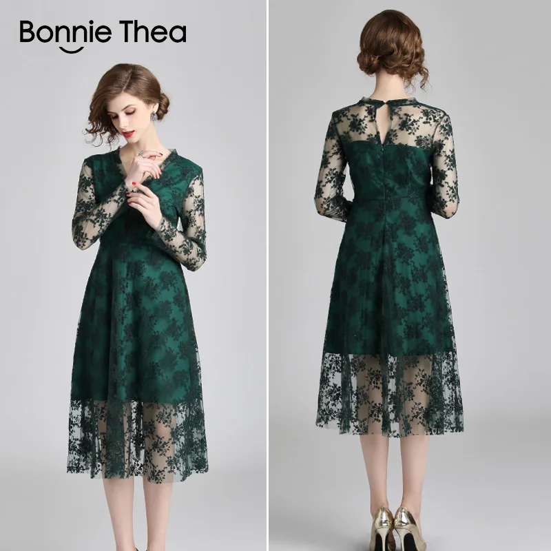 Bonnie Thea женское зеленое кружевное длинное платье осеннее с длинным рукавом