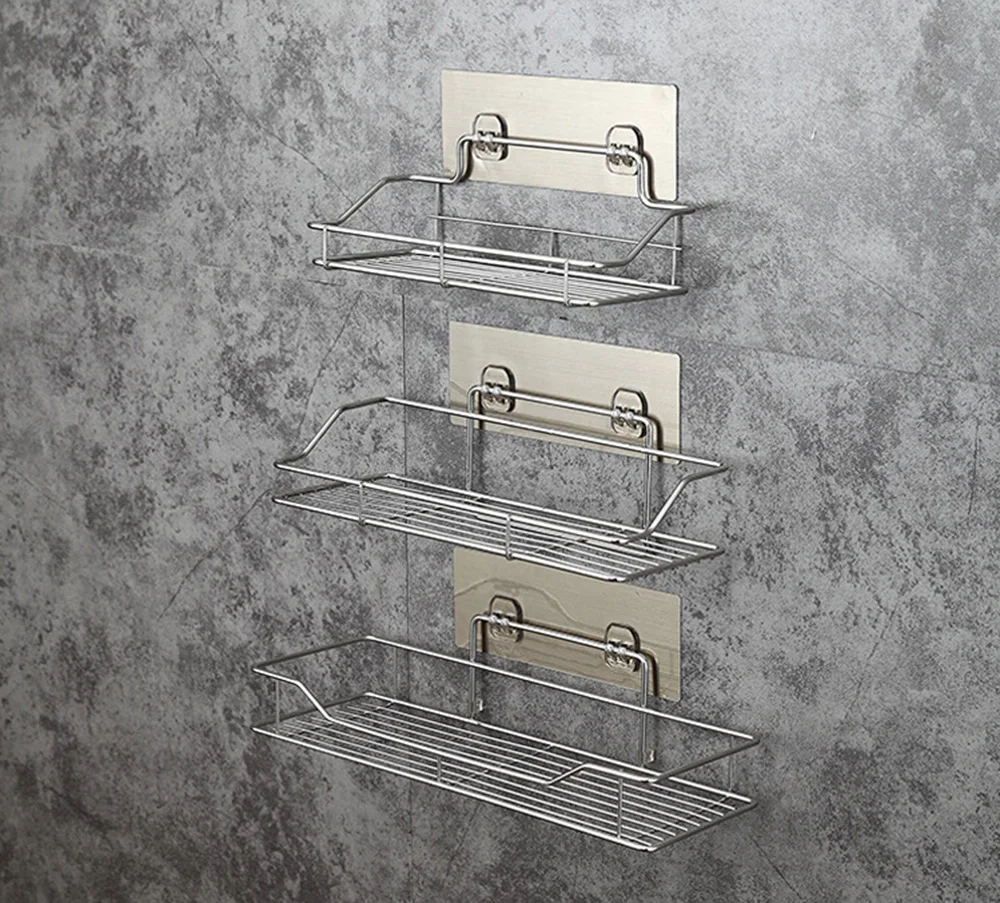 3 Size Stainless Steel Bathroom Waterproof Storage Shelves& Racks Shelf No Drilling Kitchen Bathroom Storage Wall Racks