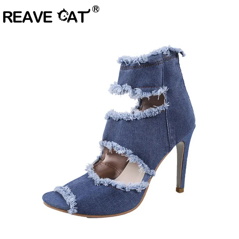 Женские джинсовые сандалии REAVE CAT летние с открытым носком голубые на тонком