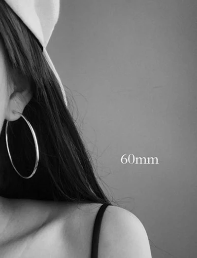60mm 925 Стерлинговое Серебро Тонкий круг простые серьги-кольца для женщин Модный элегантный дизайн геометрические серьги-кольца ювелирные изделия 1 пара - Окраска металла: 60mm