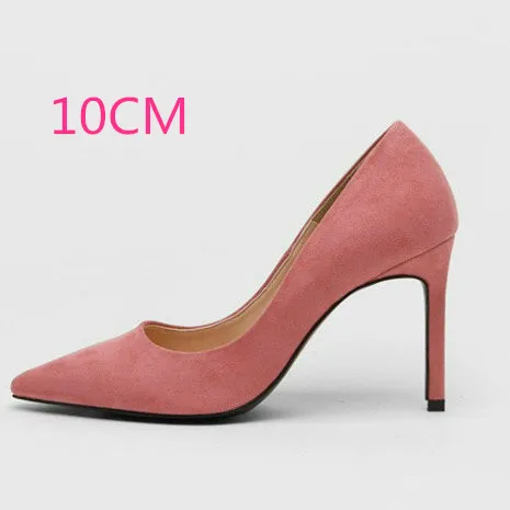 Pink-10CM Heel Женские туфли-лодочки из флока на высоком каблуке с острым носком, пикантная женская обувь на тонком каблуке, chaussure femme, осень - Цвет: Pink-10CM Heel