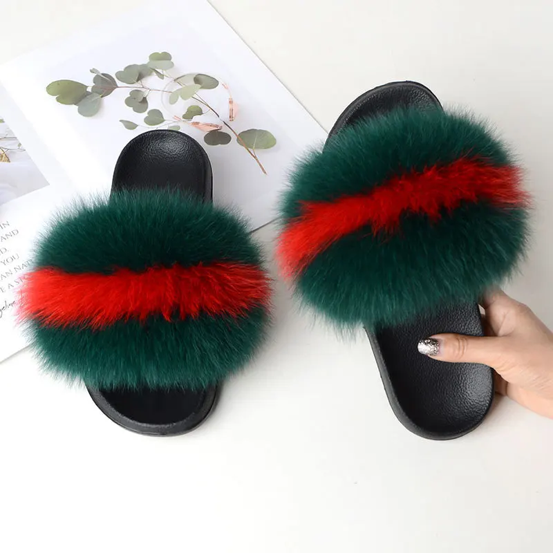 Dark green plus red Для женщин натуральным лисьим мехом; шлепанцы без задника с открытыми пальцами анти-скольжения ползунки домашние тапочки из eva подлинный натуральных мех модный Стиль - Цвет: Dark green plus red