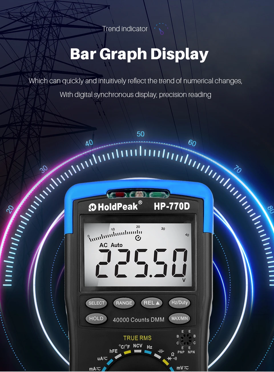 Multimetro HoldPeak HP-770D цифровой мультиметр с автоматическим диапазоном истинных RMS/частота/температура тест и сумка для переноски