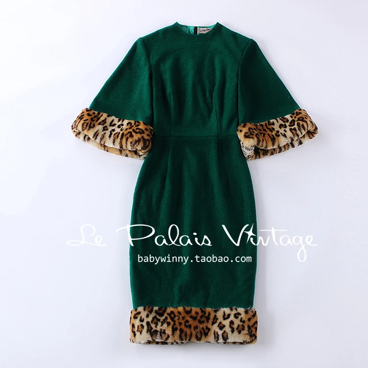 Женское винтажное шерстяное платье в стиле 50 х с рукавом до локтя|green wool|palais vintagele