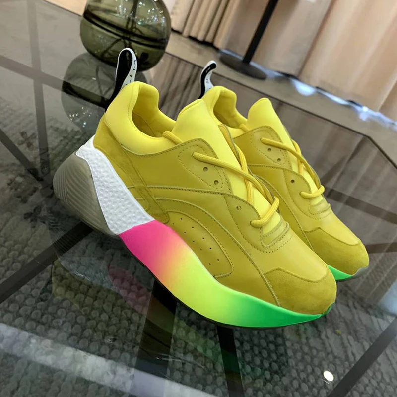 Buono Scarpe/женские кроссовки с радужной шнуровкой; фирменный дизайн; женская обувь на толстой подошве; спортивные кроссовки на танкетке из натуральной кожи